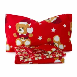 Completo Lenzuola In Flanella Natalizio Christmas Bear Matrimoniale W432