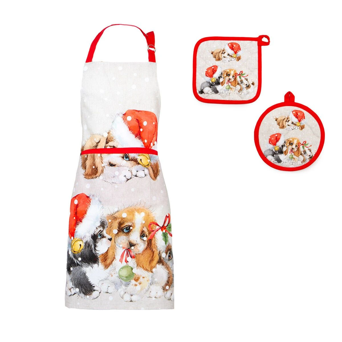 Set Grembiule + 2 Presine Natalizio Birillo In Puro Cotone X053 1 Set Grembiule + 2 Presine Natalizio Birillo In Puro Cotone X053