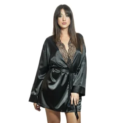 Vestaglia Kimono Sexy In Raso Morbidissimi Con Pizzo Nero Z023